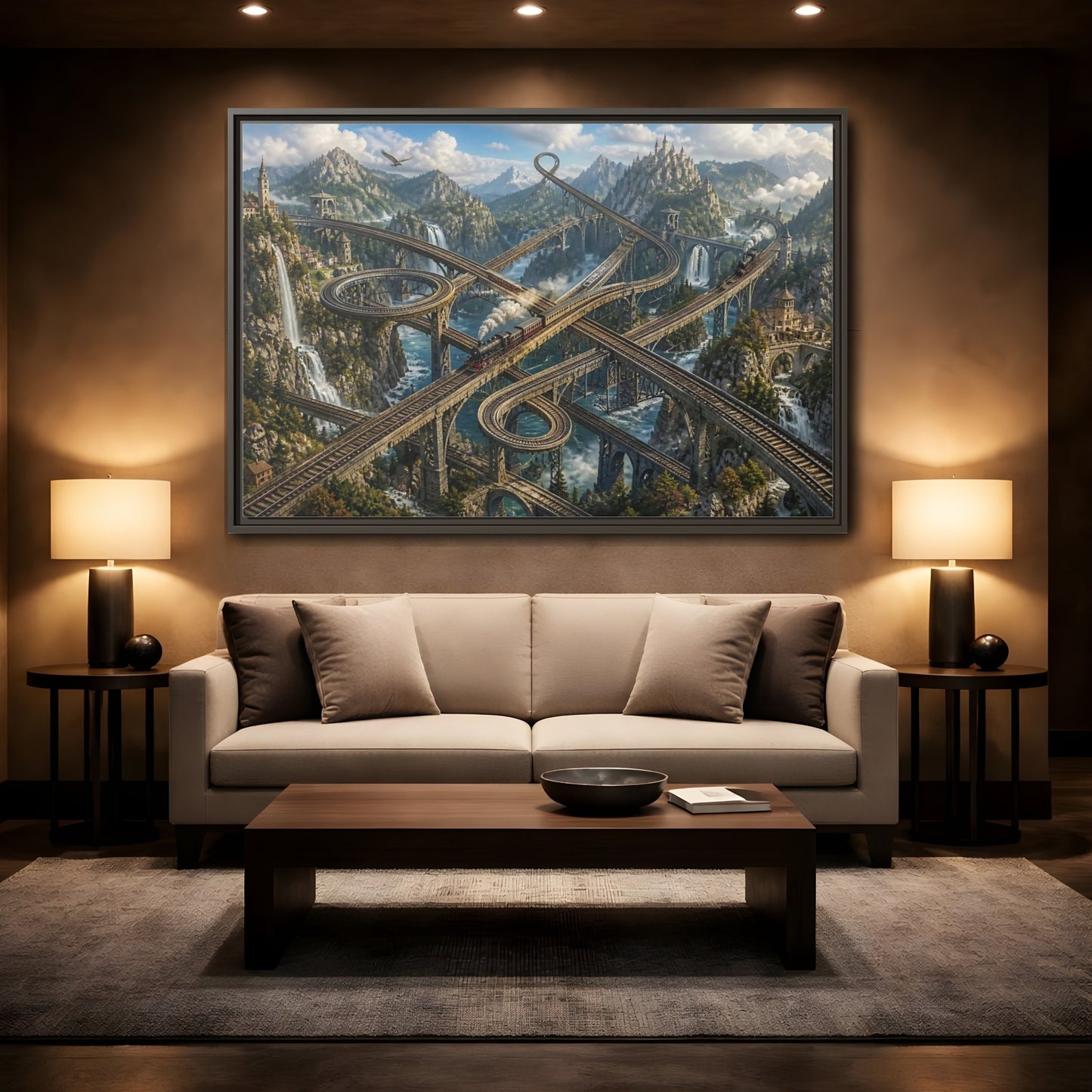 Mockup 2. Infinite Mountain Railway shown as framed canvas print