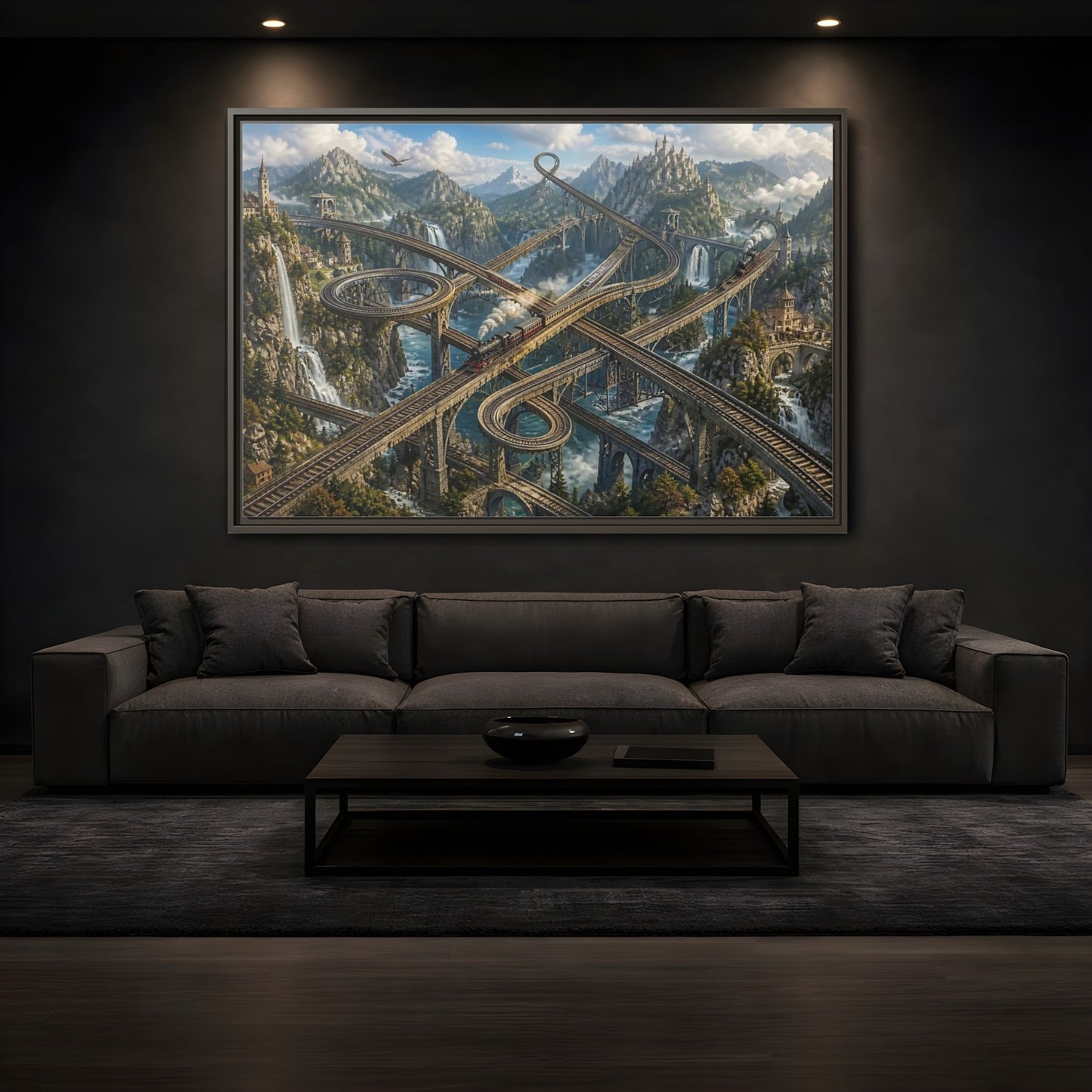 Mockup 3. Infinite Mountain Railway shown as framed canvas print