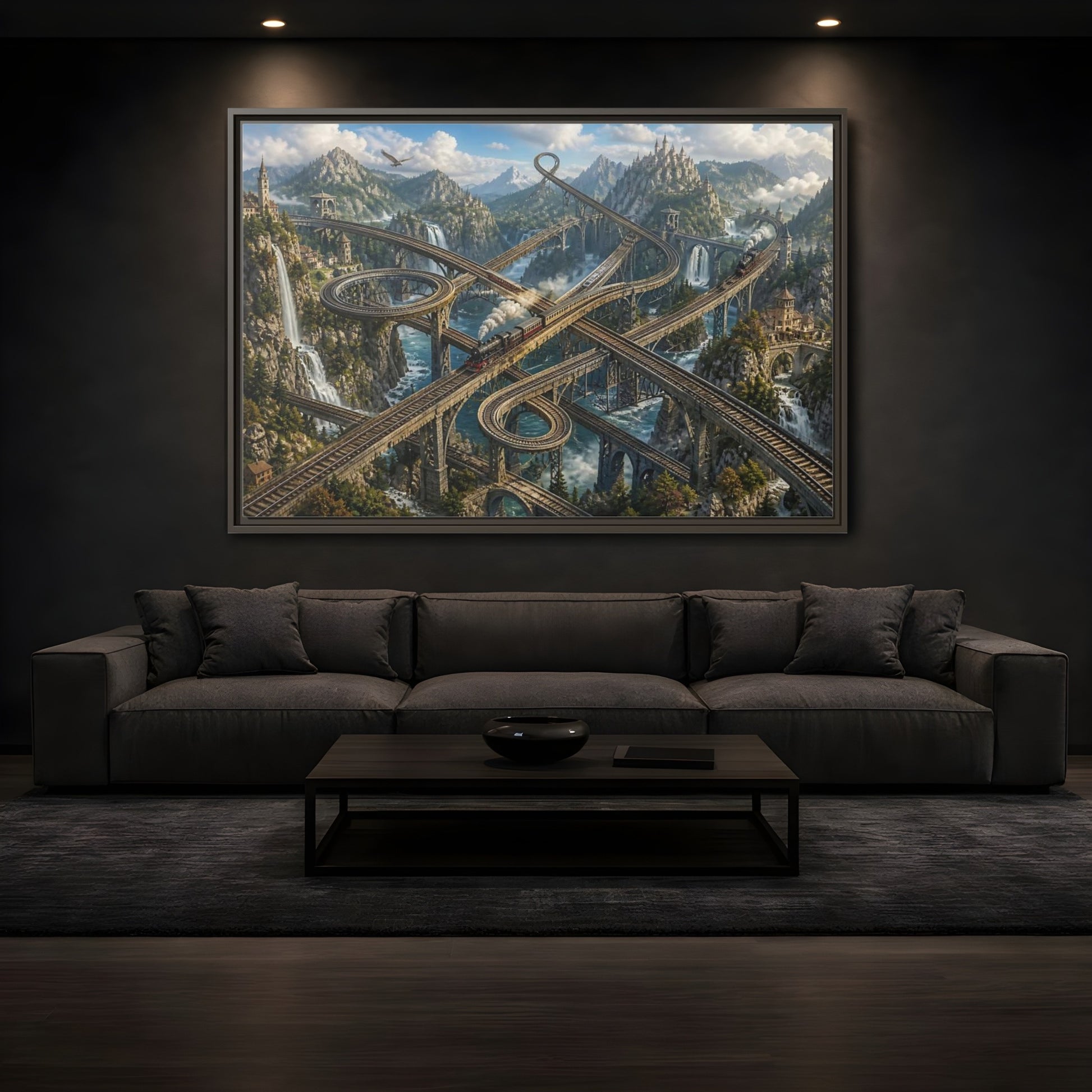 Mockup 3. Infinite Mountain Railway shown as framed canvas print