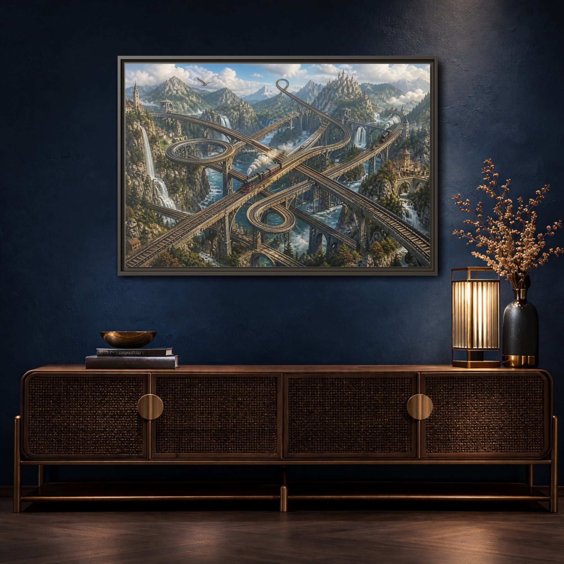 Mockup 4. Infinite Mountain Railway shown as framed canvas print
