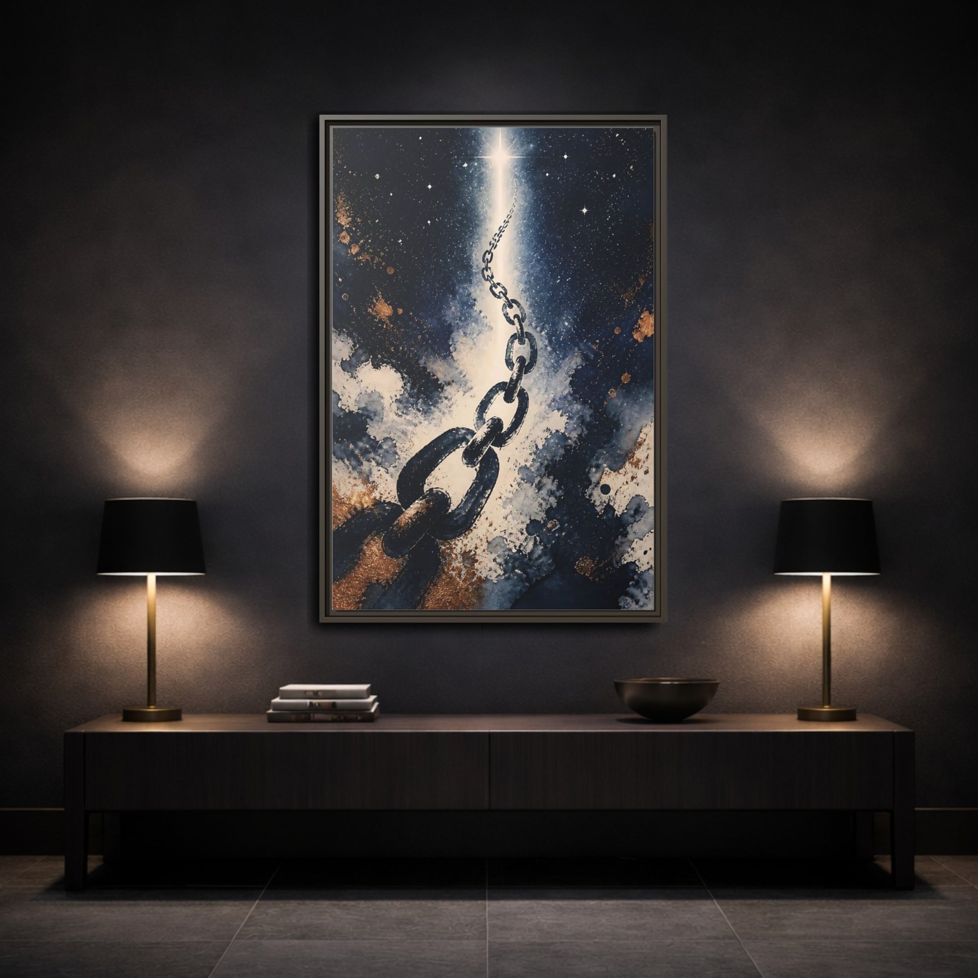 Mockup 3. Ink-Wash Chain To Star shown as framed canvas print