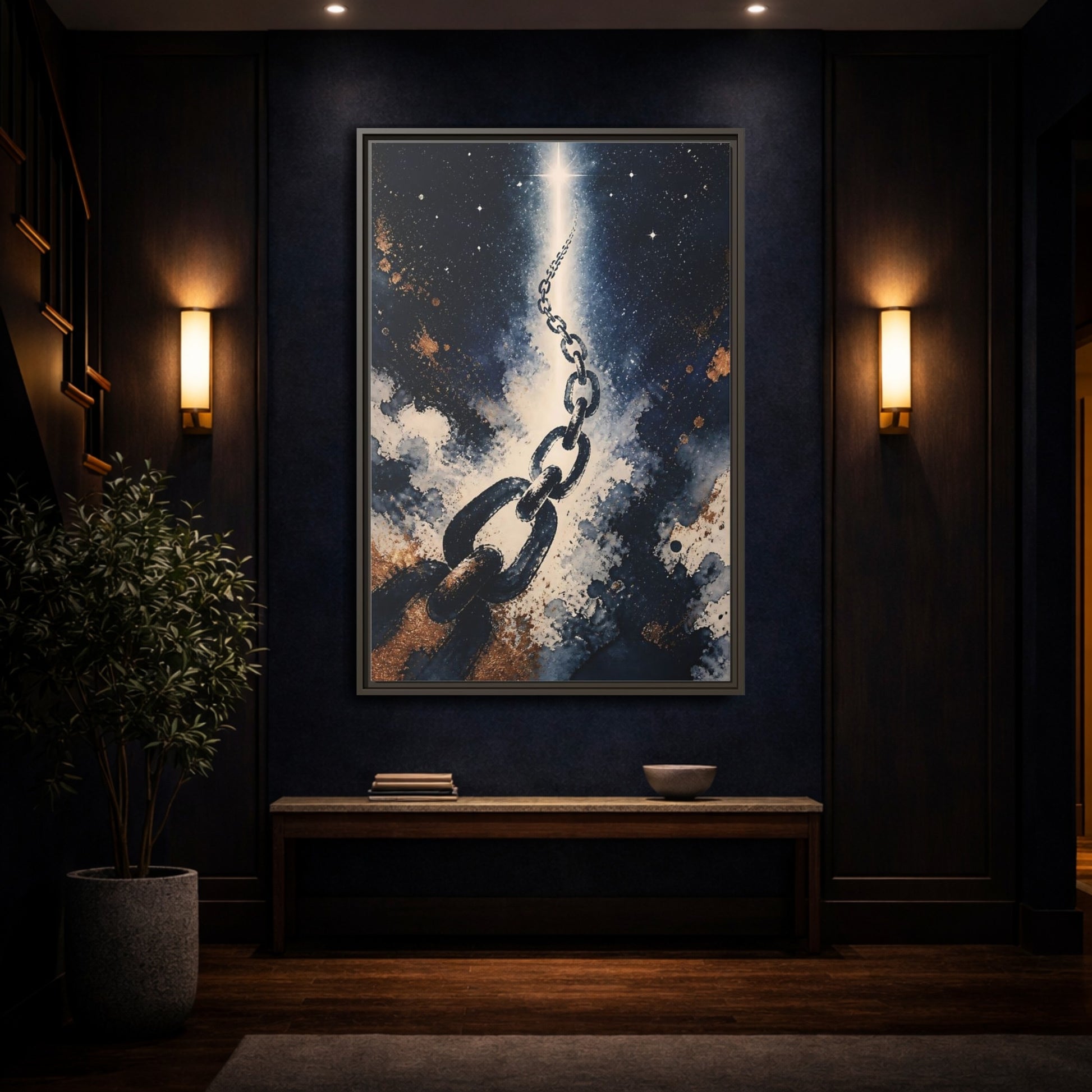 Mockup 4. Ink-Wash Chain To Star shown as framed canvas print