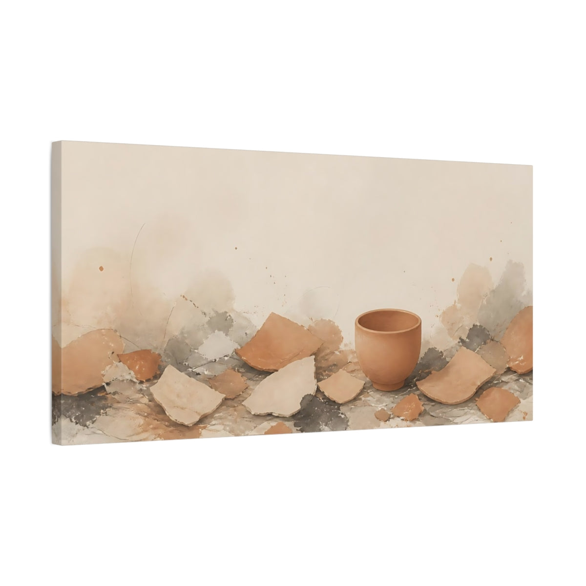 Side Mockup 1. Intact Cup Among Shards shown as canvas print