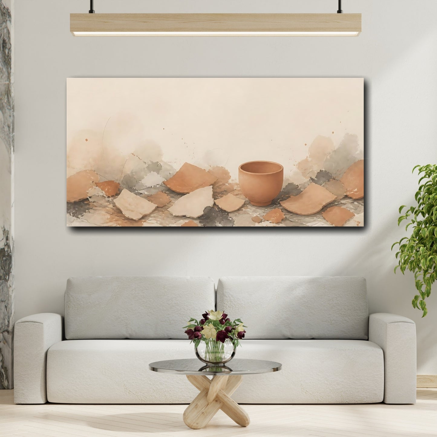 Mockup 2. Intact Cup Among Shards shown as canvas print