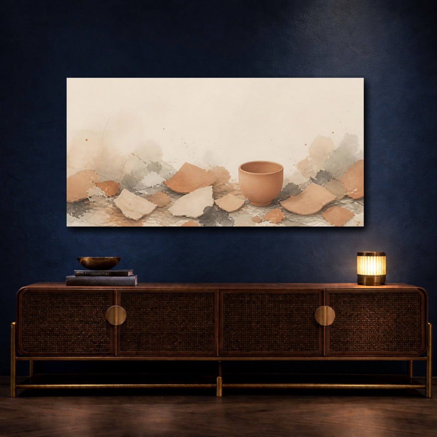 Mockup 4. Intact Cup Among Shards shown as canvas print