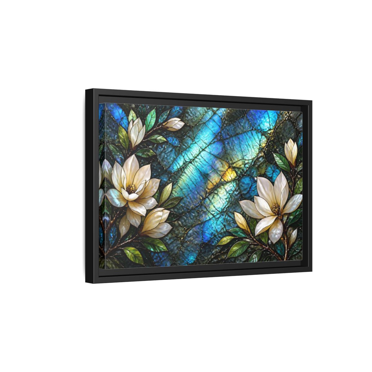 Side Mockup 6. Iridescent Magnolia Blossoms shown as framed canvas print
