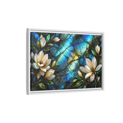 Side Mockup 1. Iridescent Magnolia Blossoms shown as framed canvas print