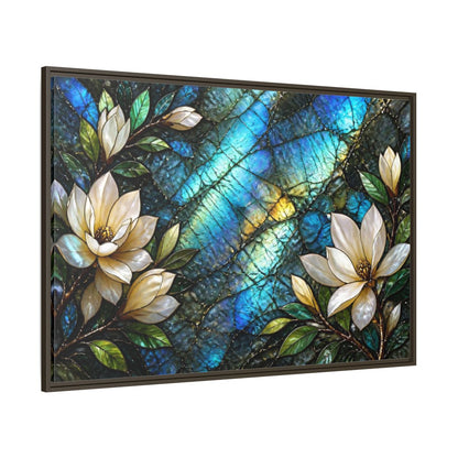 Side Mockup 8. Iridescent Magnolia Blossoms shown as framed canvas print
