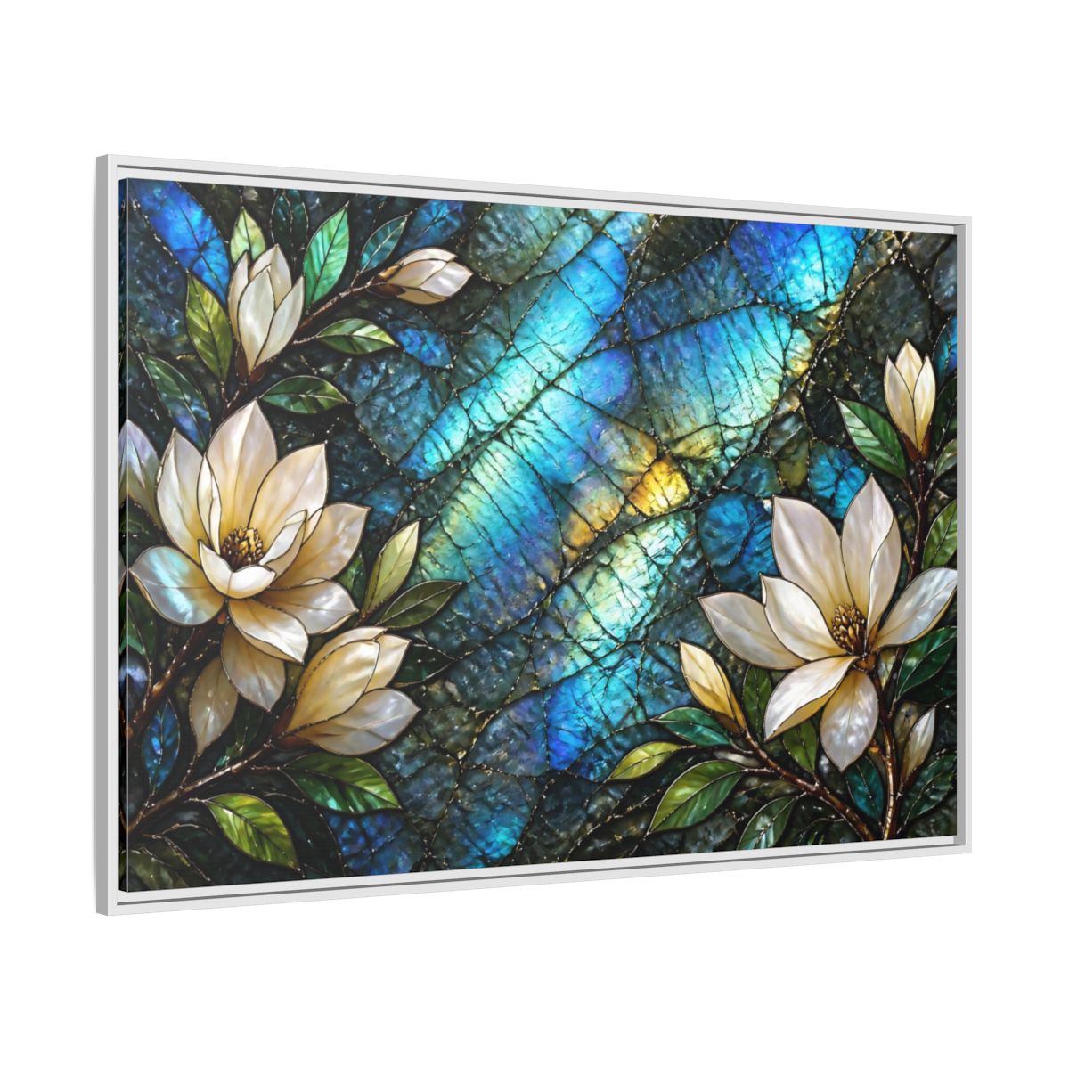 Side Mockup 7. Iridescent Magnolia Blossoms shown as framed canvas print