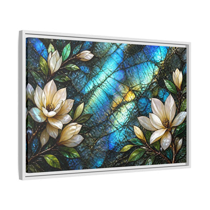 Side Mockup 10. Iridescent Magnolia Blossoms shown as framed canvas print