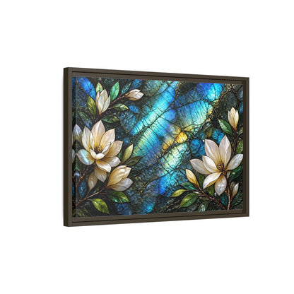 Side Mockup 2. Iridescent Magnolia Blossoms shown as framed canvas print