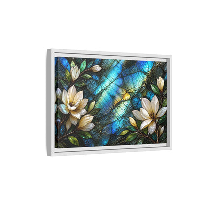 Side Mockup 4. Iridescent Magnolia Blossoms shown as framed canvas print