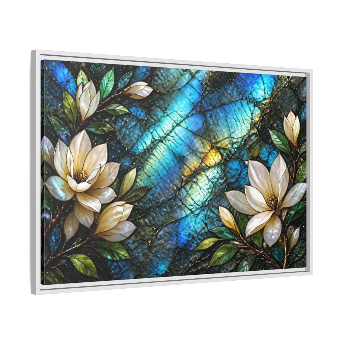 Side Mockup 9. Iridescent Magnolia Blossoms shown as framed canvas print