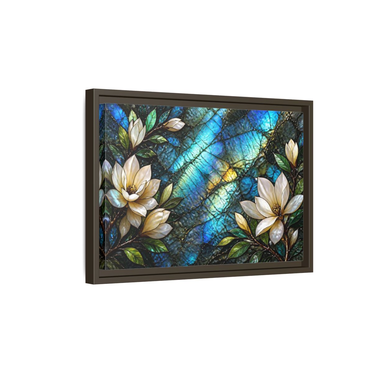 Side Mockup 5. Iridescent Magnolia Blossoms shown as framed canvas print