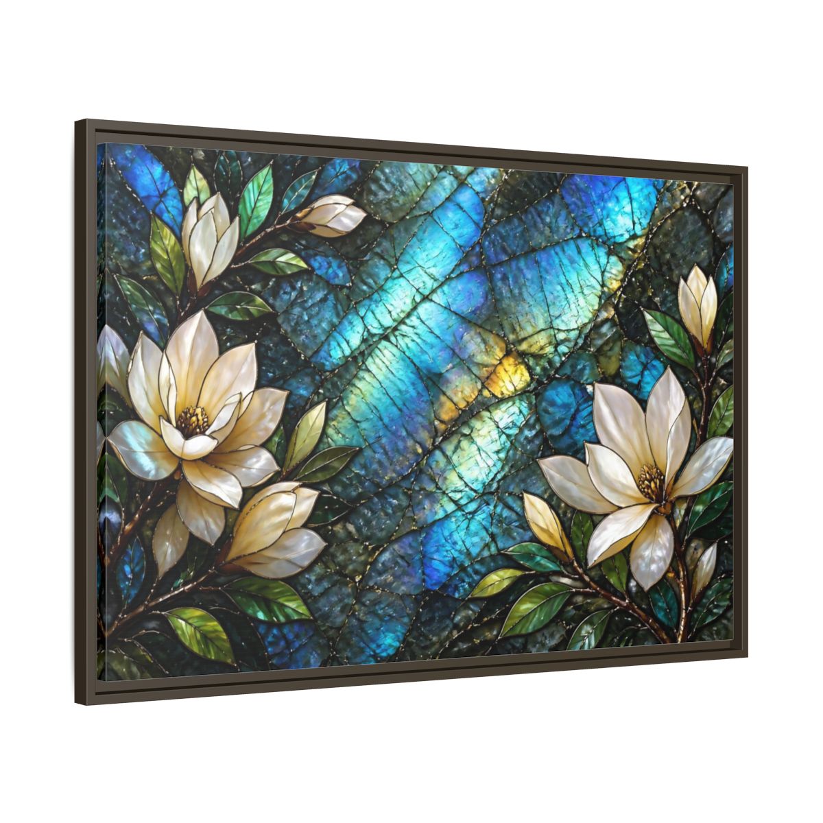 Main Mockup. Iridescent Magnolia Blossoms shown as framed canvas print