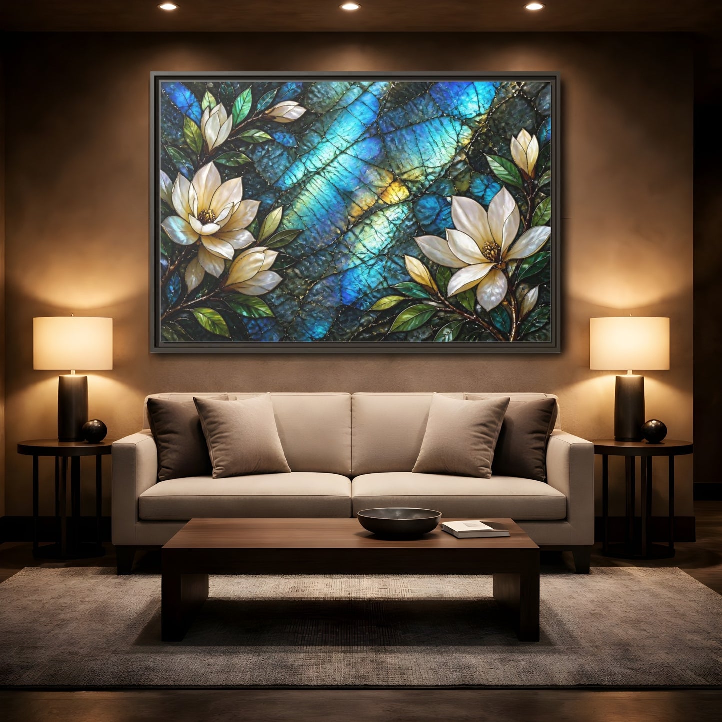 Mockup 2. Iridescent Magnolia Blossoms shown as framed canvas print