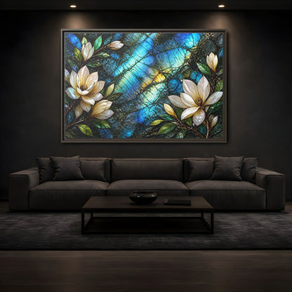 Mockup 3. Iridescent Magnolia Blossoms shown as framed canvas print