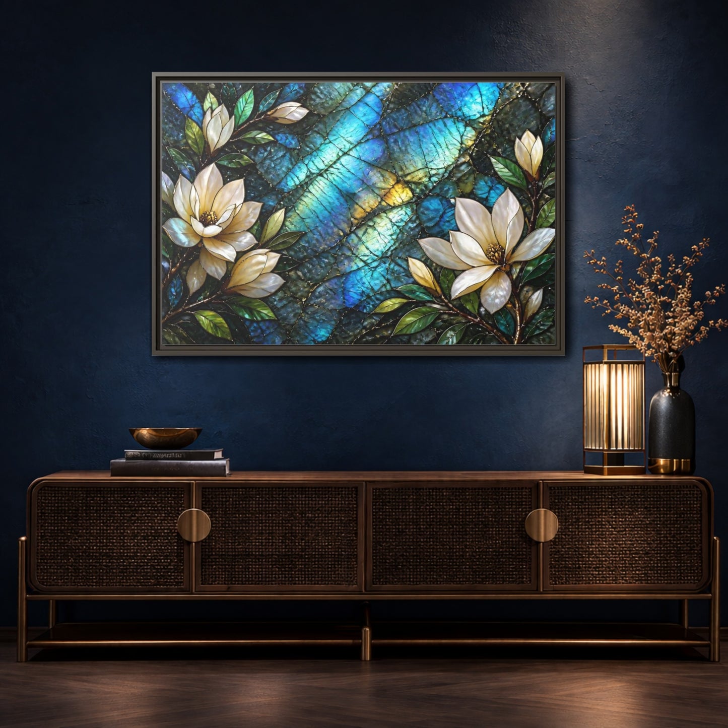 Mockup 4. Iridescent Magnolia Blossoms shown as framed canvas print