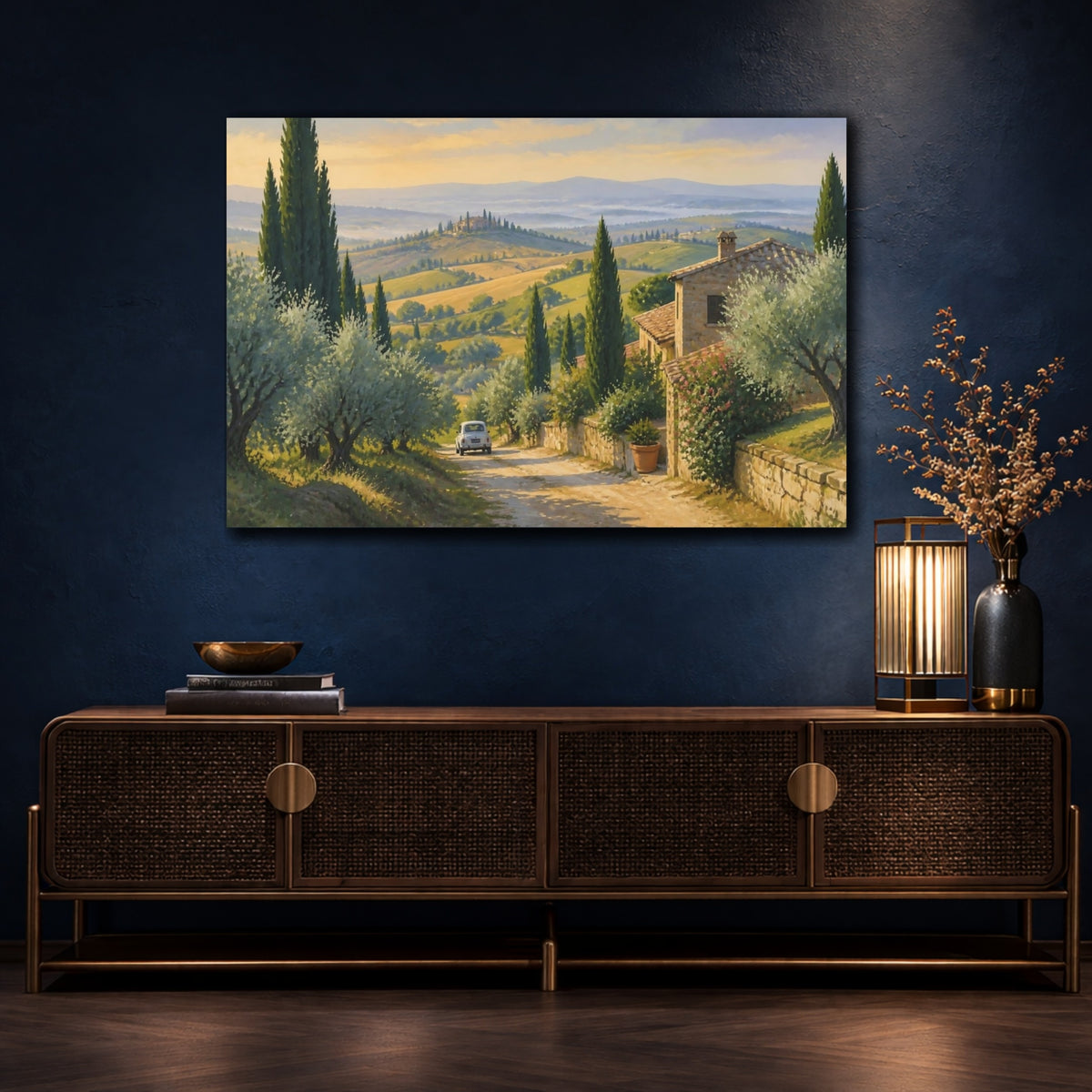 Mockup 4. Italian Tuscan Cypress Lane shown as canvas print