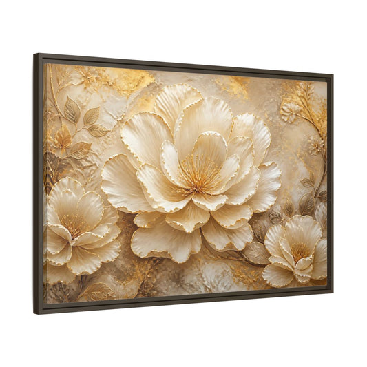 Main Mockup. Ivory & Gold Blossom Relief shown as framed canvas print