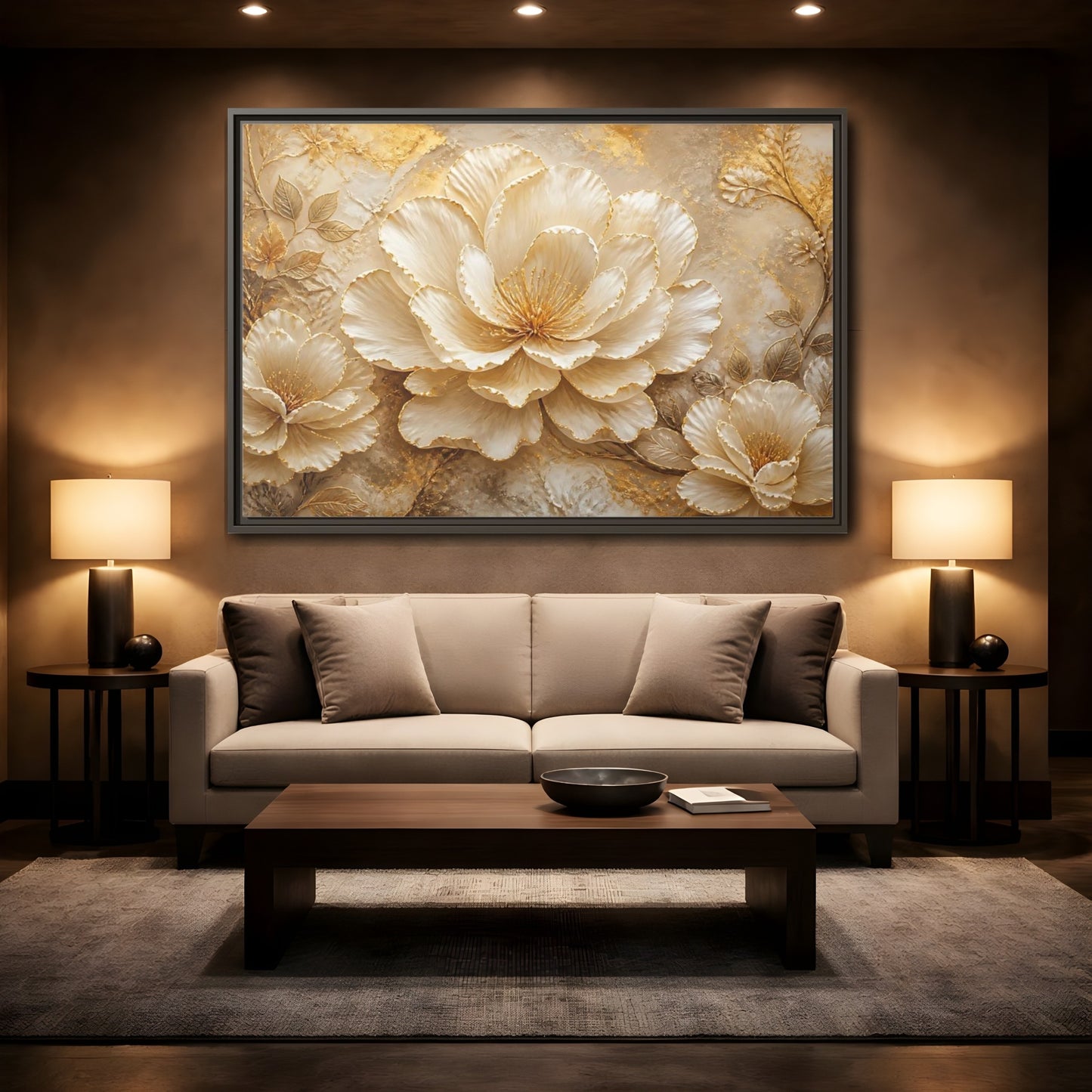 Mockup 2. Ivory & Gold Blossom Relief shown as framed canvas print