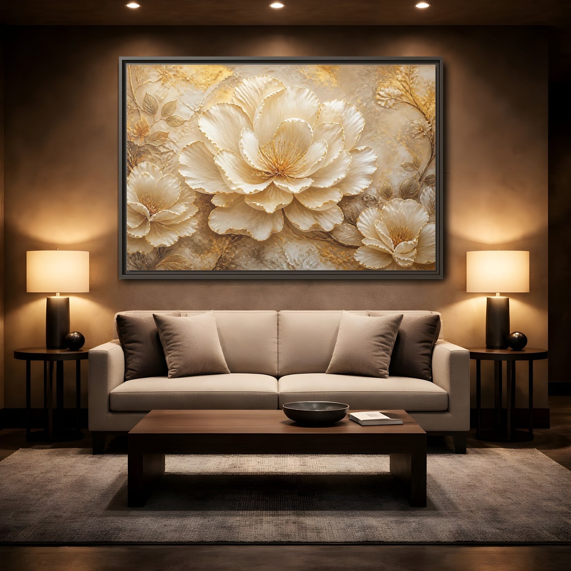 Mockup 2. Ivory & Gold Blossom Relief shown as framed canvas print