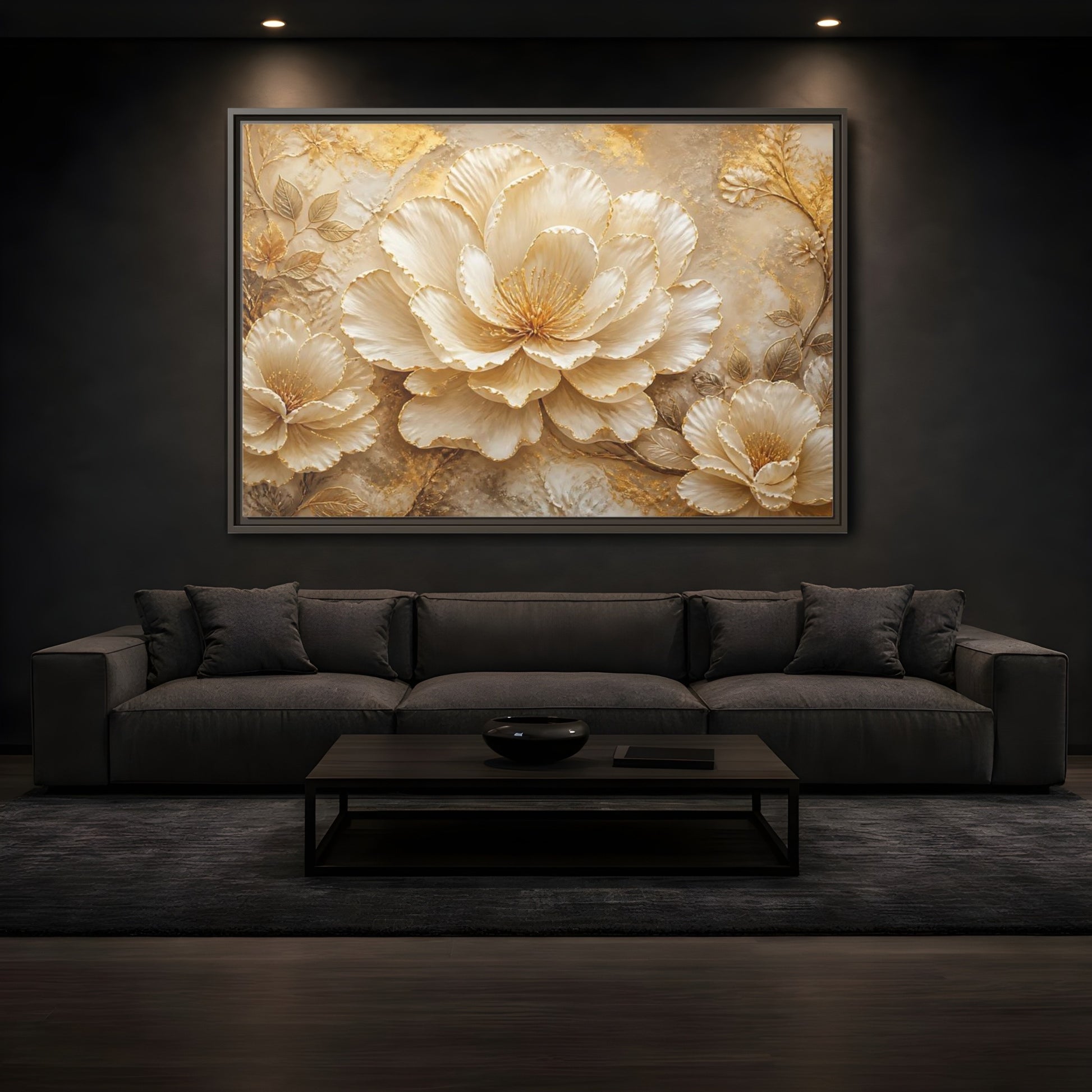 Mockup 3. Ivory & Gold Blossom Relief shown as framed canvas print