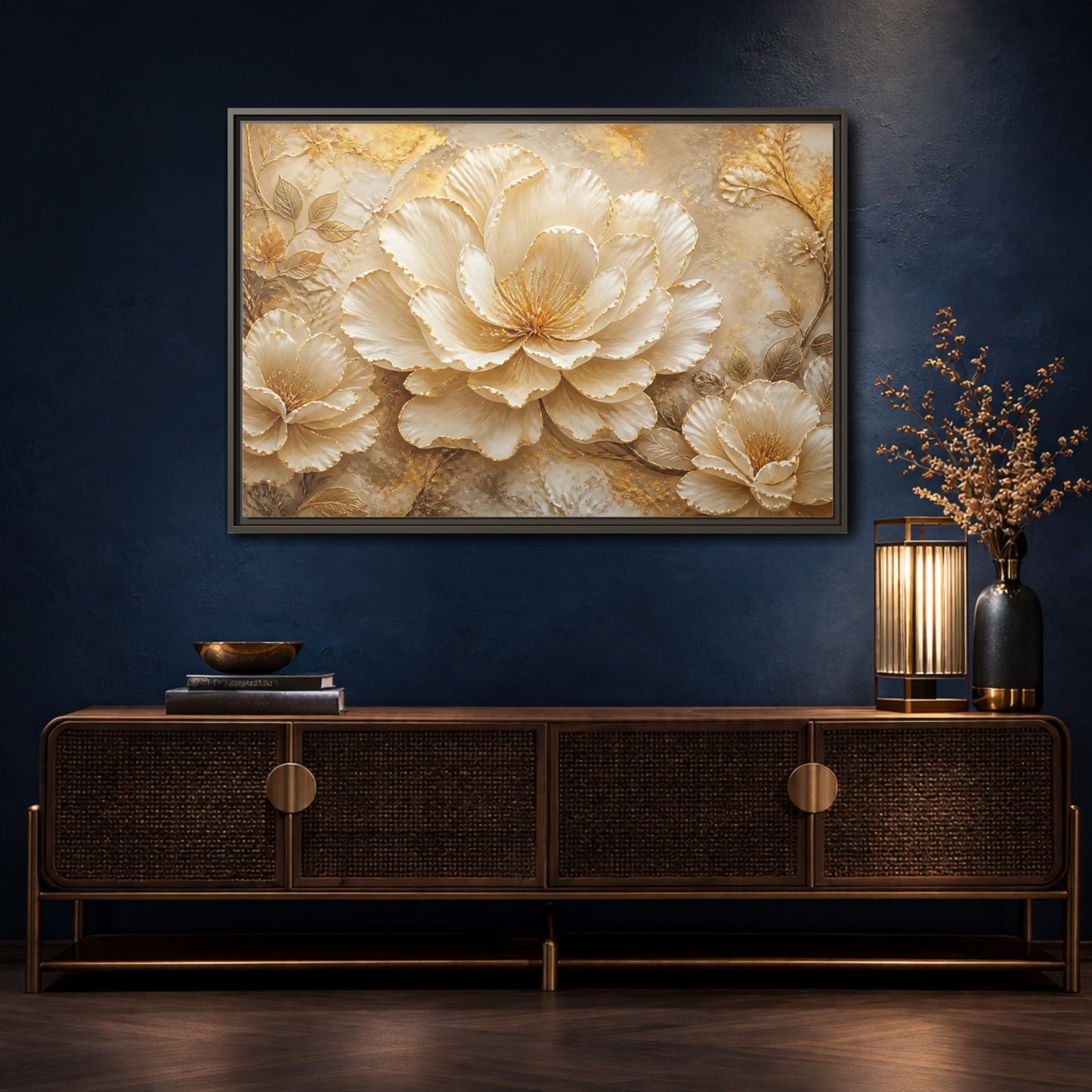 Mockup 4. Ivory & Gold Blossom Relief shown as framed canvas print