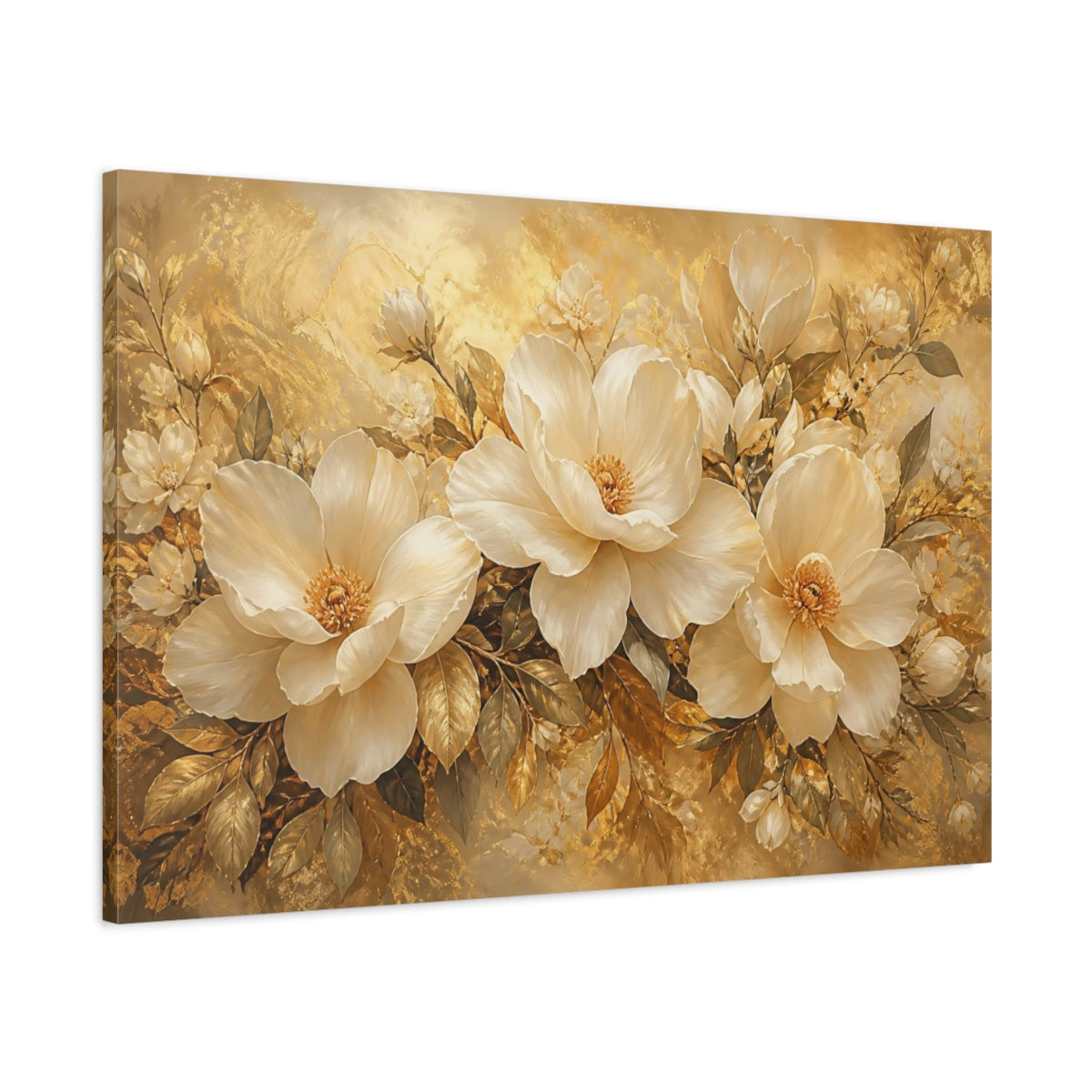 Main Mockup. Ivory & Gold Floral Trio shown as canvas print