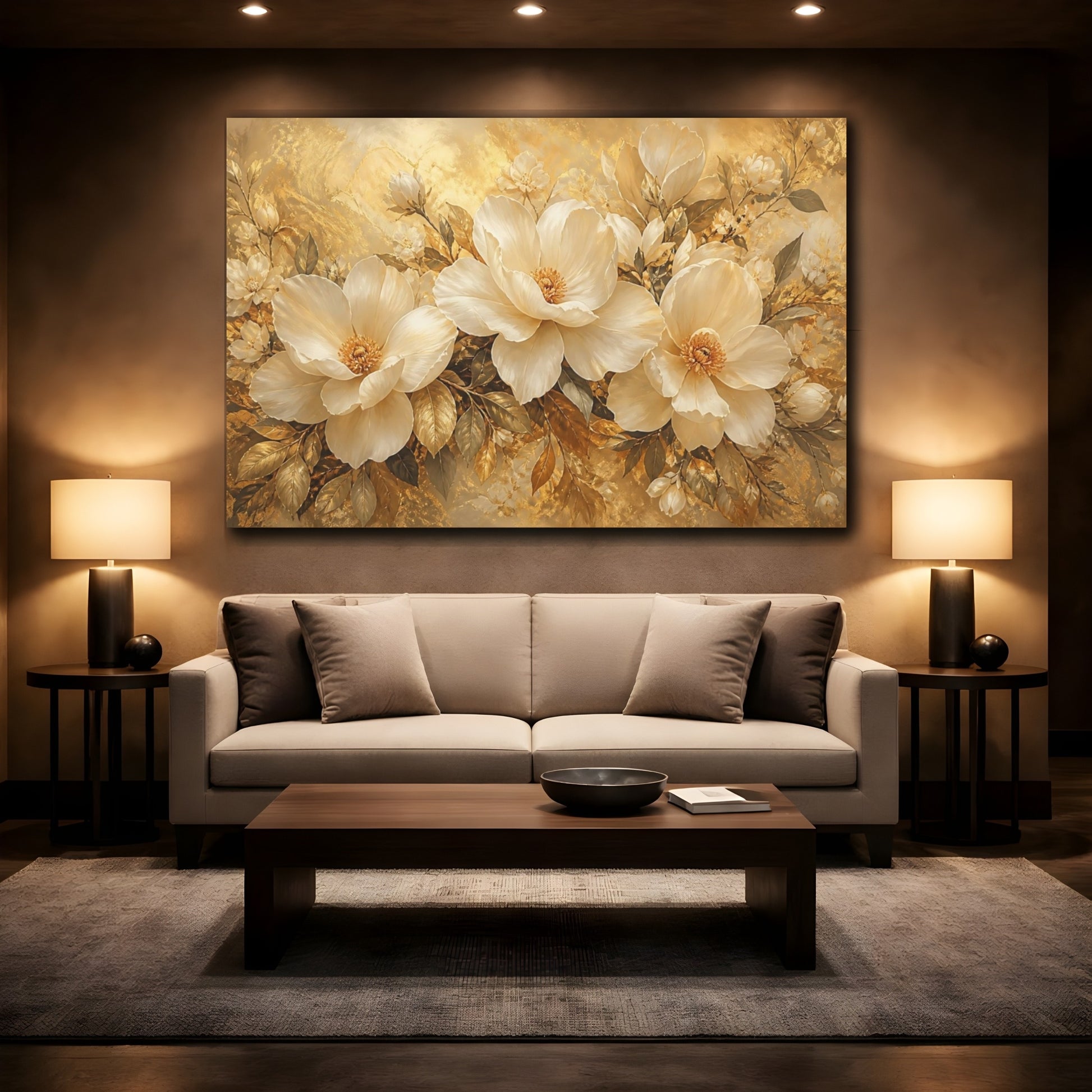 Mockup 2. Ivory & Gold Floral Trio shown as canvas print