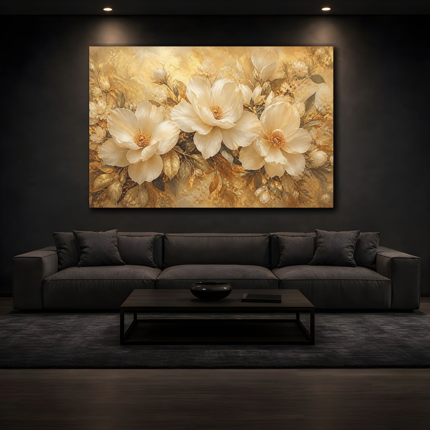 Mockup 3. Ivory & Gold Floral Trio shown as canvas print