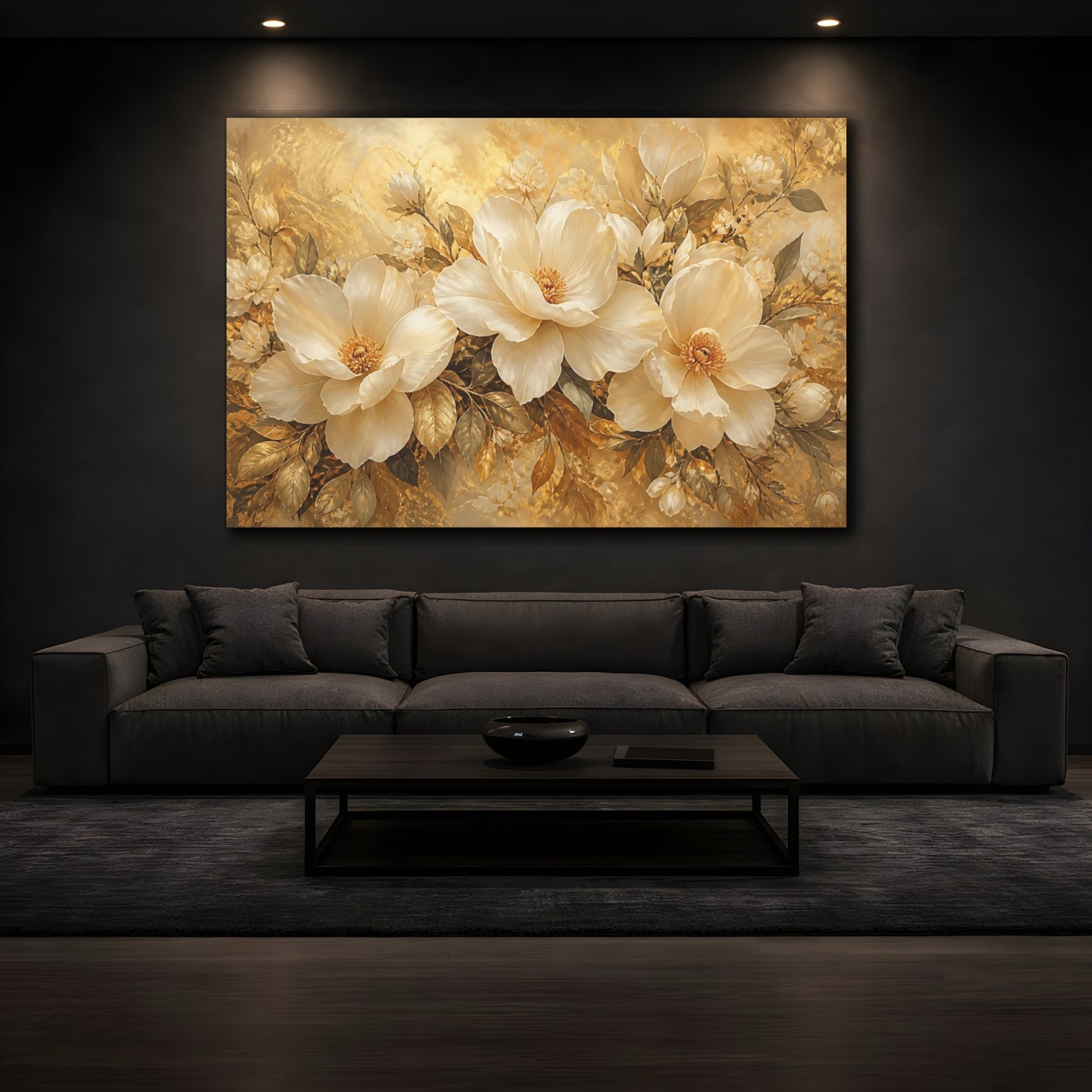 Mockup 3. Ivory & Gold Floral Trio shown as canvas print