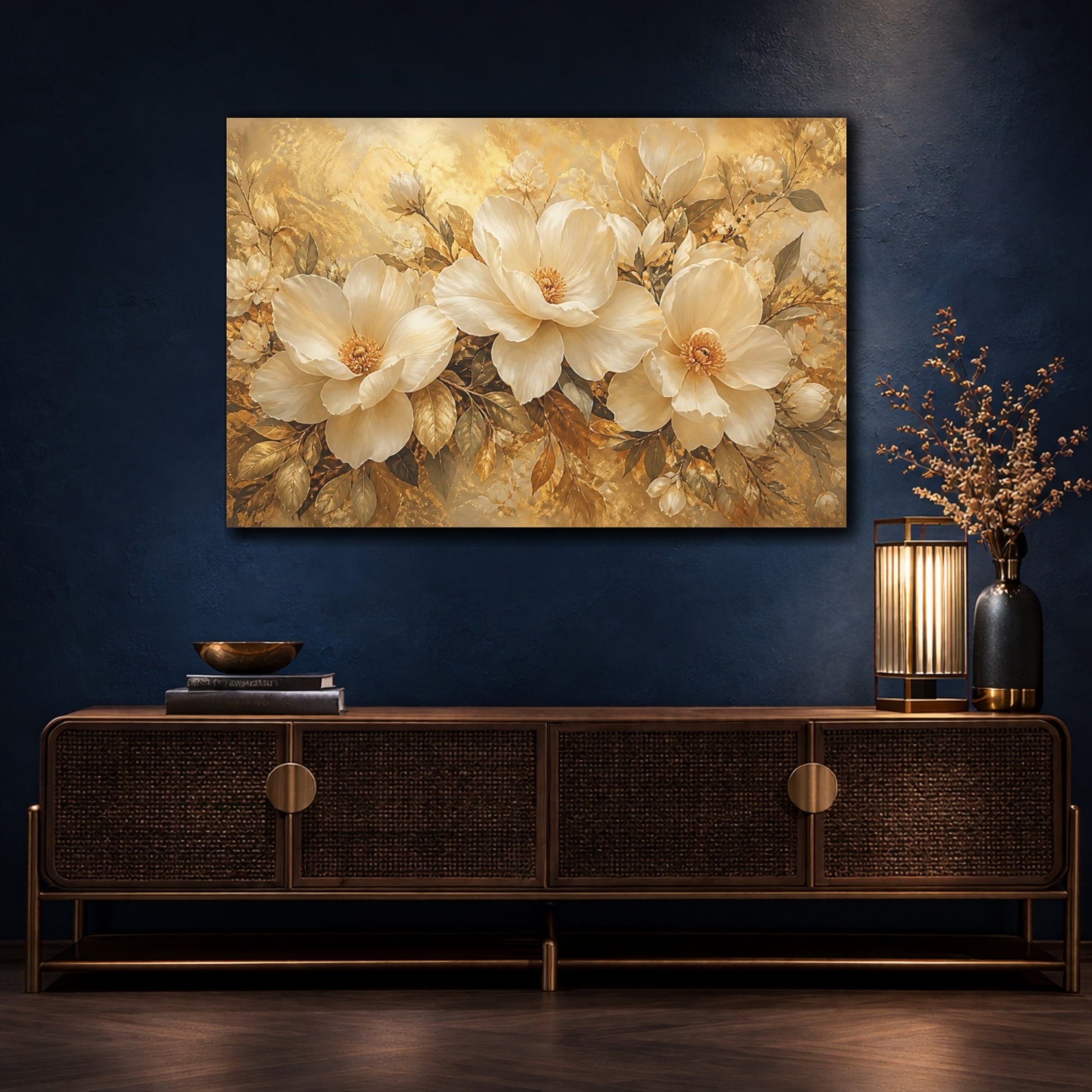 Mockup 4. Ivory & Gold Floral Trio shown as canvas print