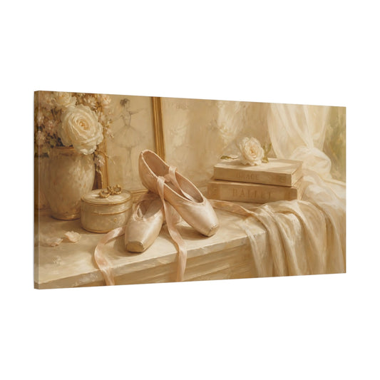 Main Mockup. Ivory Ballet Slippers shown as canvas print
