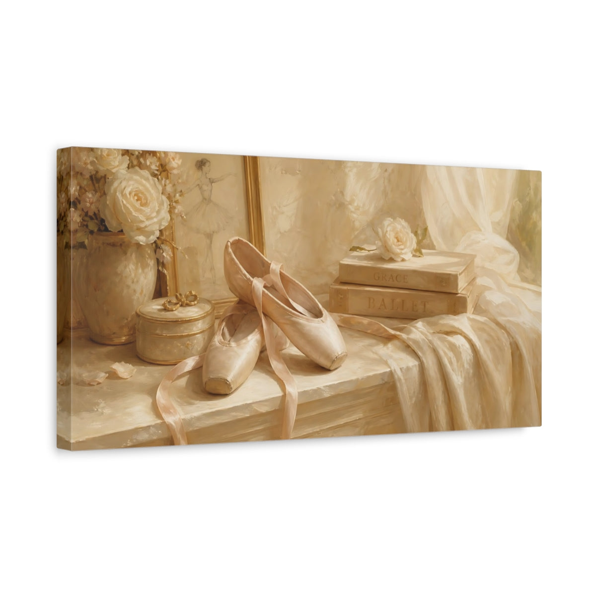 Side Mockup 3. Ivory Ballet Slippers shown as canvas print