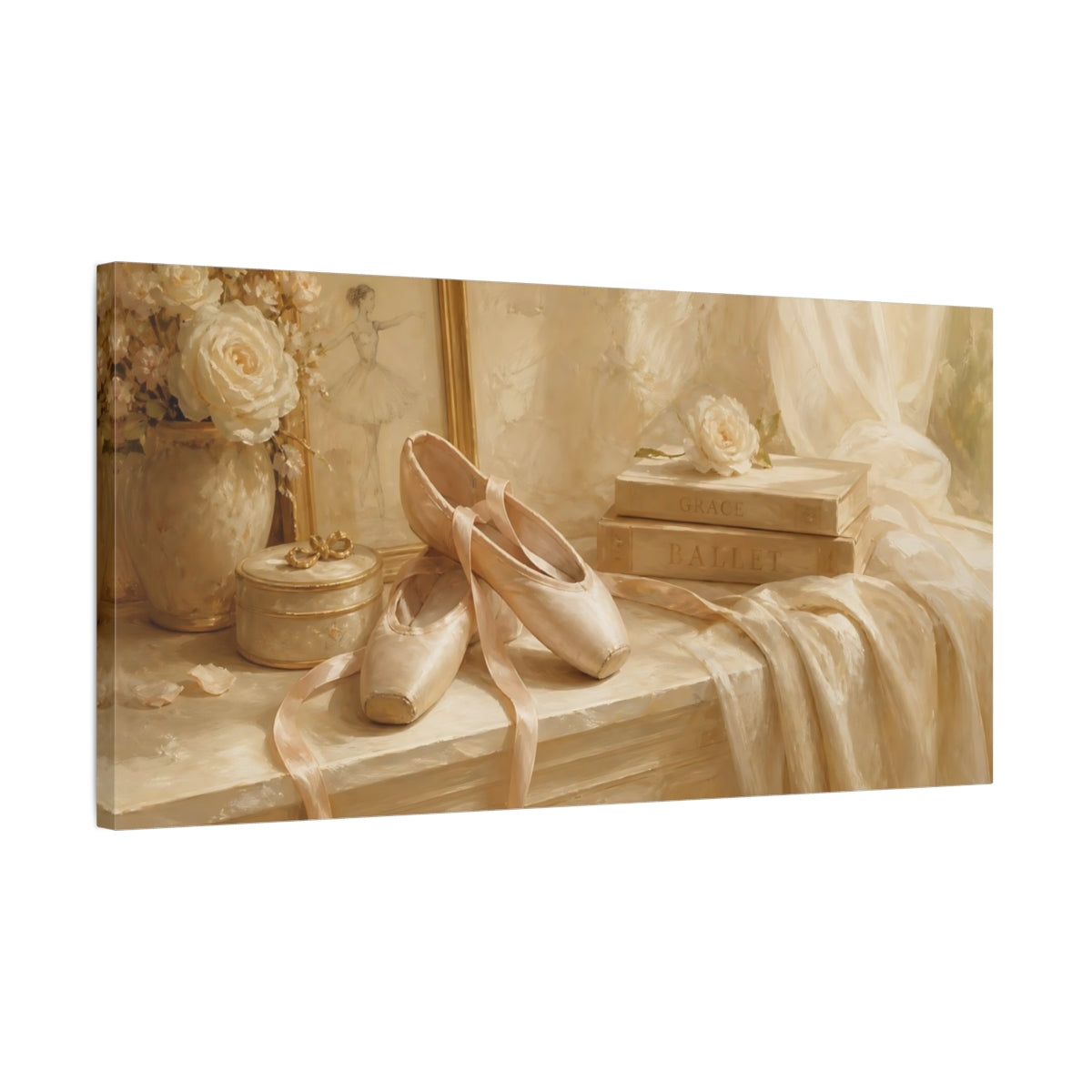 Side Mockup 1. Ivory Ballet Slippers shown as canvas print
