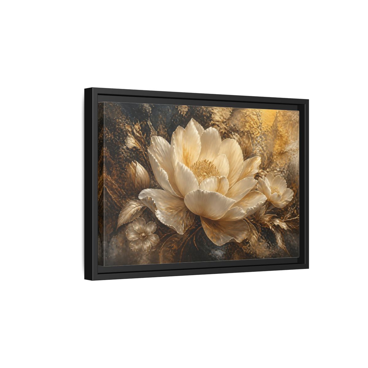 Side Mockup 6. Ivory Gold Blossom shown as framed canvas print