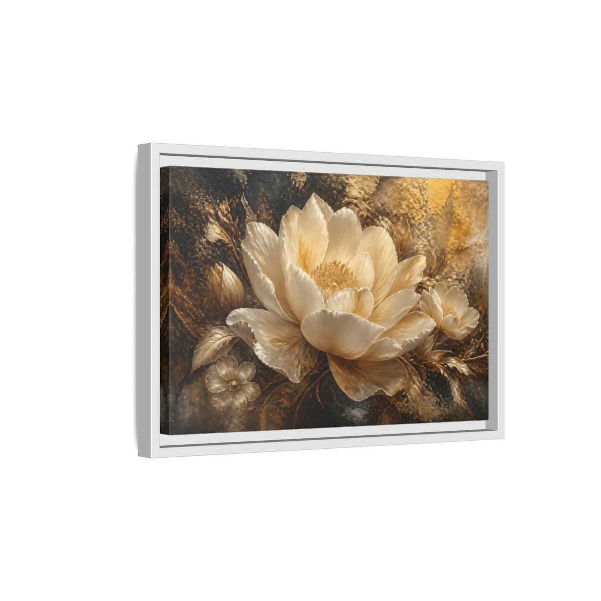 Side Mockup 4. Ivory Gold Blossom shown as framed canvas print