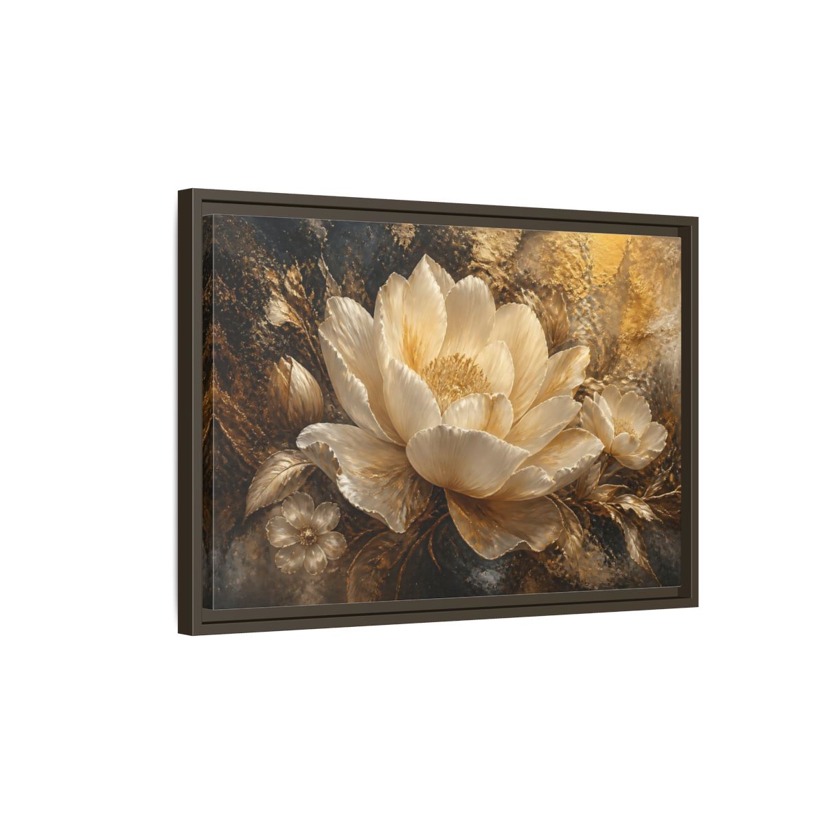 Side Mockup 2. Ivory Gold Blossom shown as framed canvas print