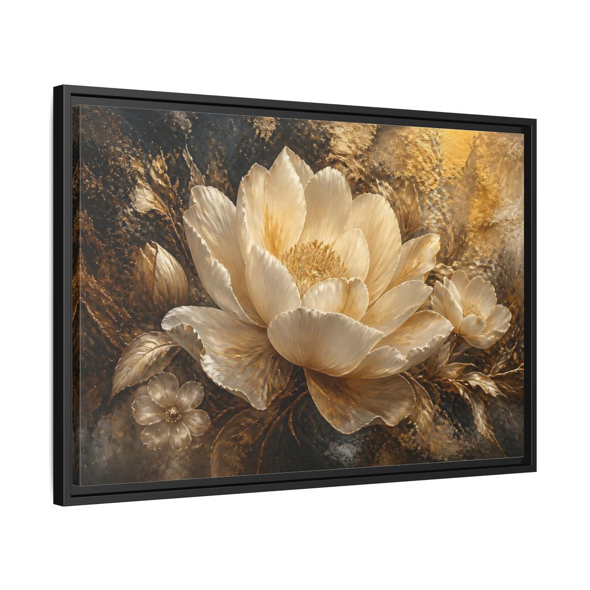Side Mockup 14. Ivory Gold Blossom shown as framed canvas print
