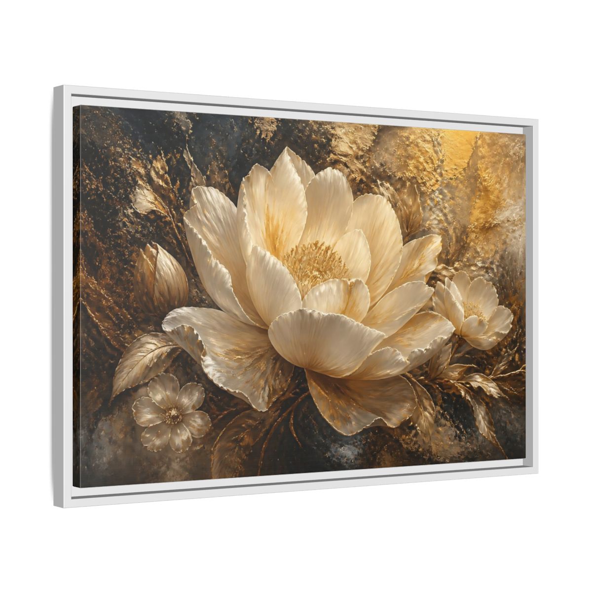 Side Mockup 10. Ivory Gold Blossom shown as framed canvas print