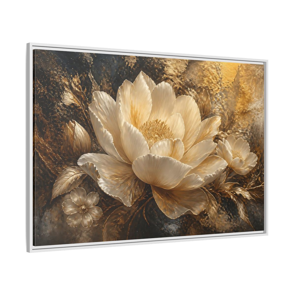 Side Mockup 7. Ivory Gold Blossom shown as framed canvas print