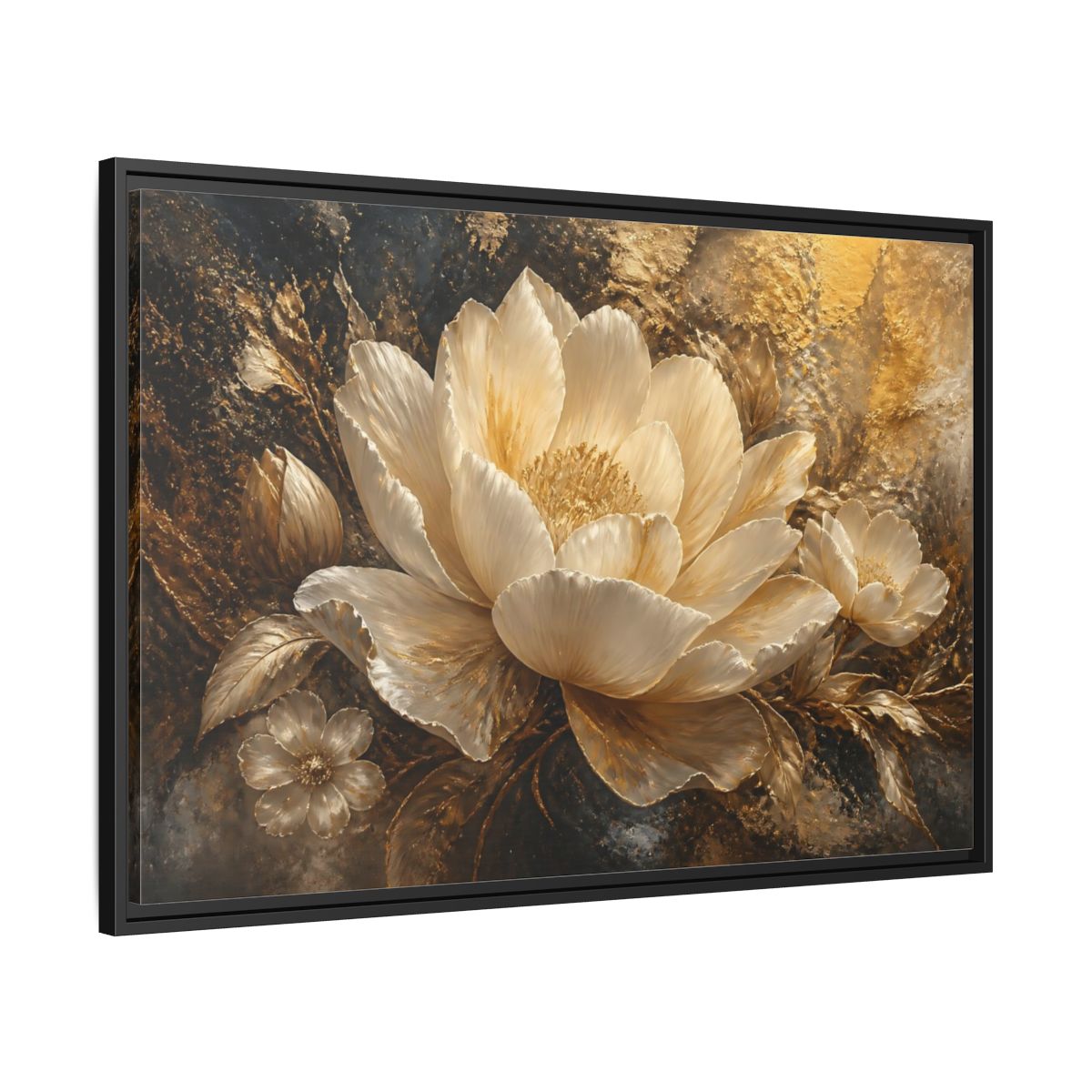 Side Mockup 13. Ivory Gold Blossom shown as framed canvas print