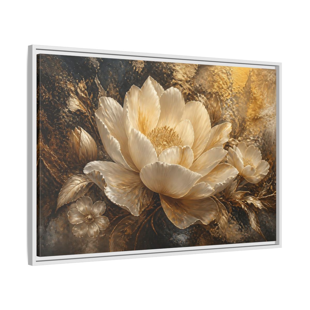 Side Mockup 9. Ivory Gold Blossom shown as framed canvas print