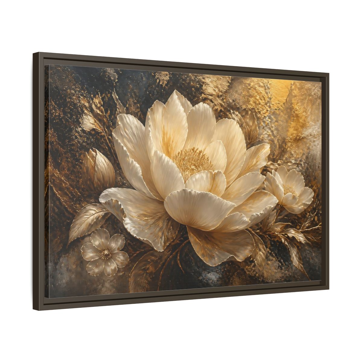Side Mockup 11. Ivory Gold Blossom shown as framed canvas print
