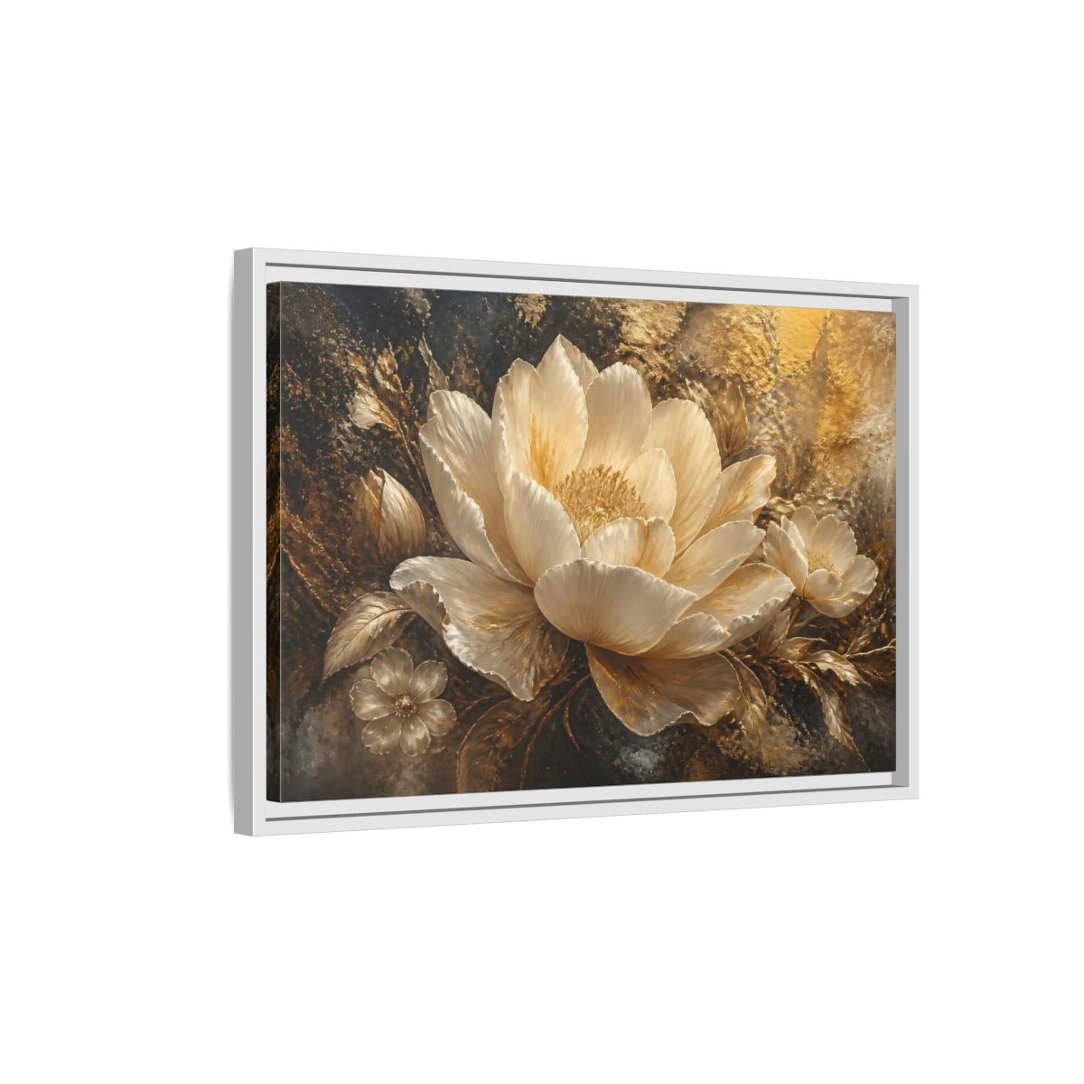 Side Mockup 1. Ivory Gold Blossom shown as framed canvas print