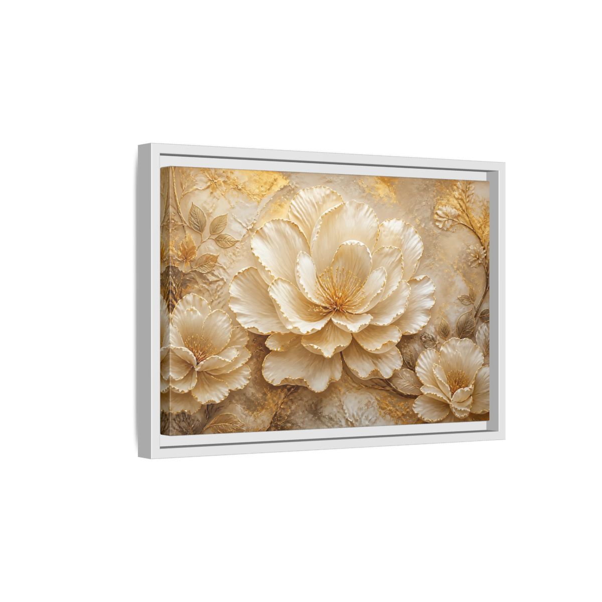 Side Mockup 4. Ivory & Gold Blossom Relief shown as framed canvas print