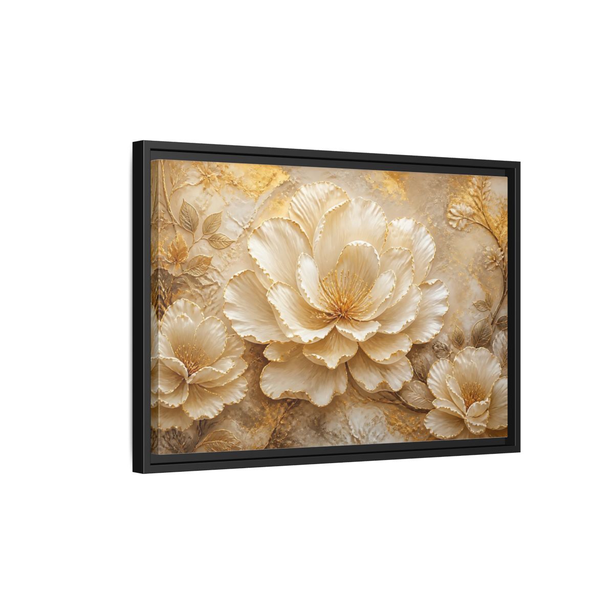 Side Mockup 3. Ivory & Gold Blossom Relief shown as framed canvas print