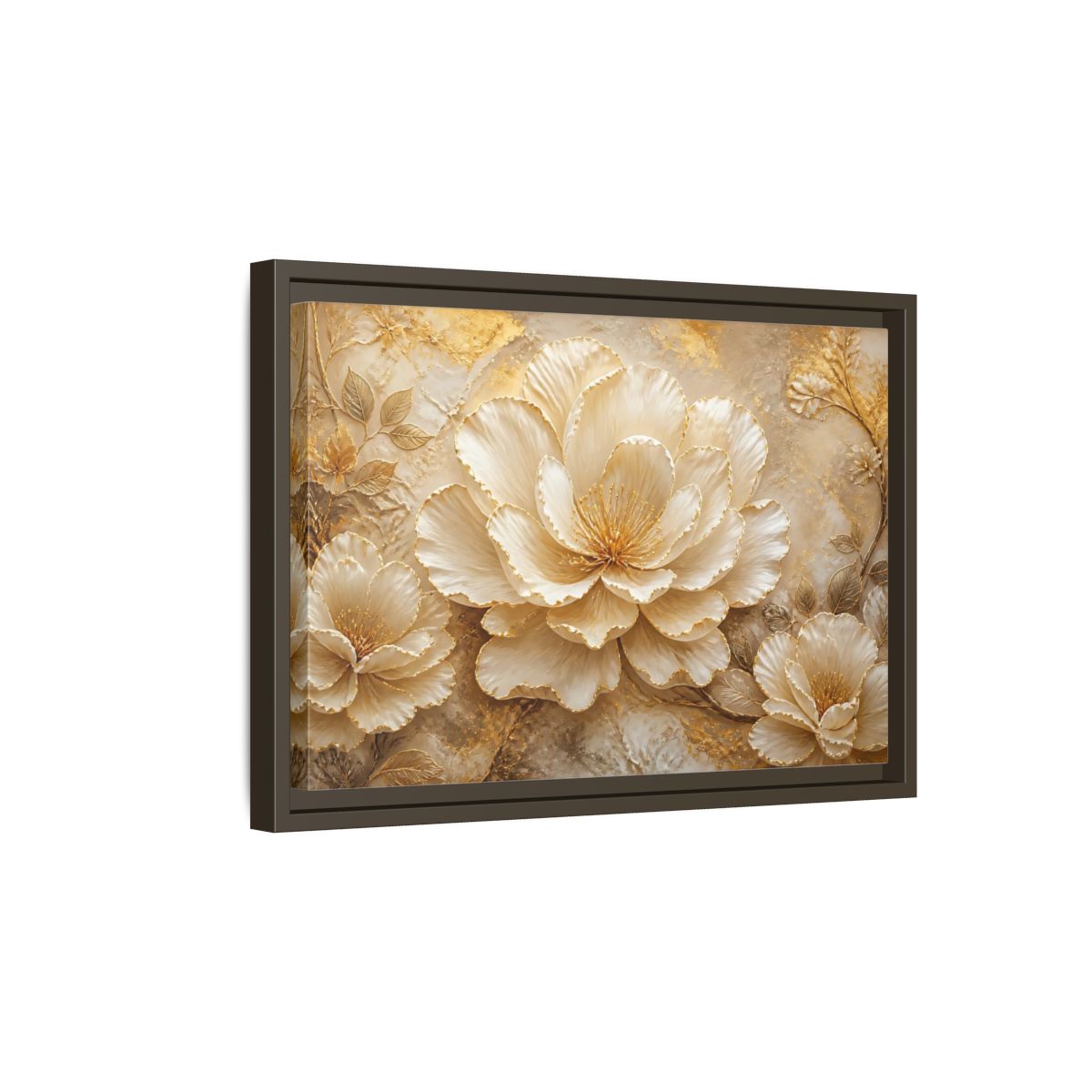 Side Mockup 5. Ivory & Gold Blossom Relief shown as framed canvas print