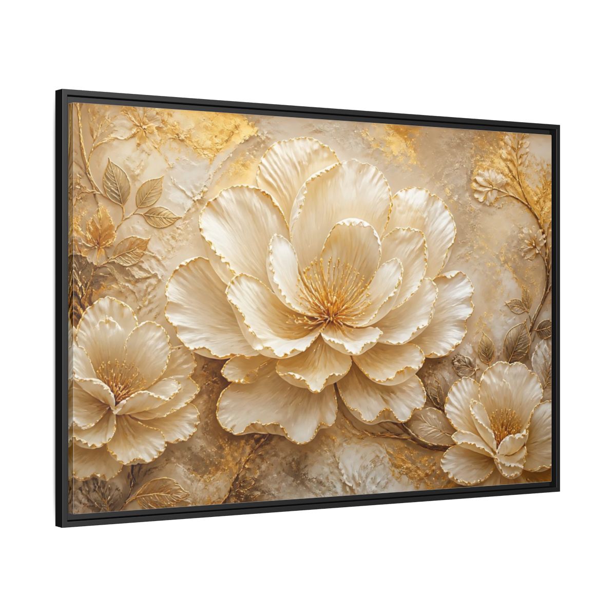 Side Mockup 12. Ivory & Gold Blossom Relief shown as framed canvas print